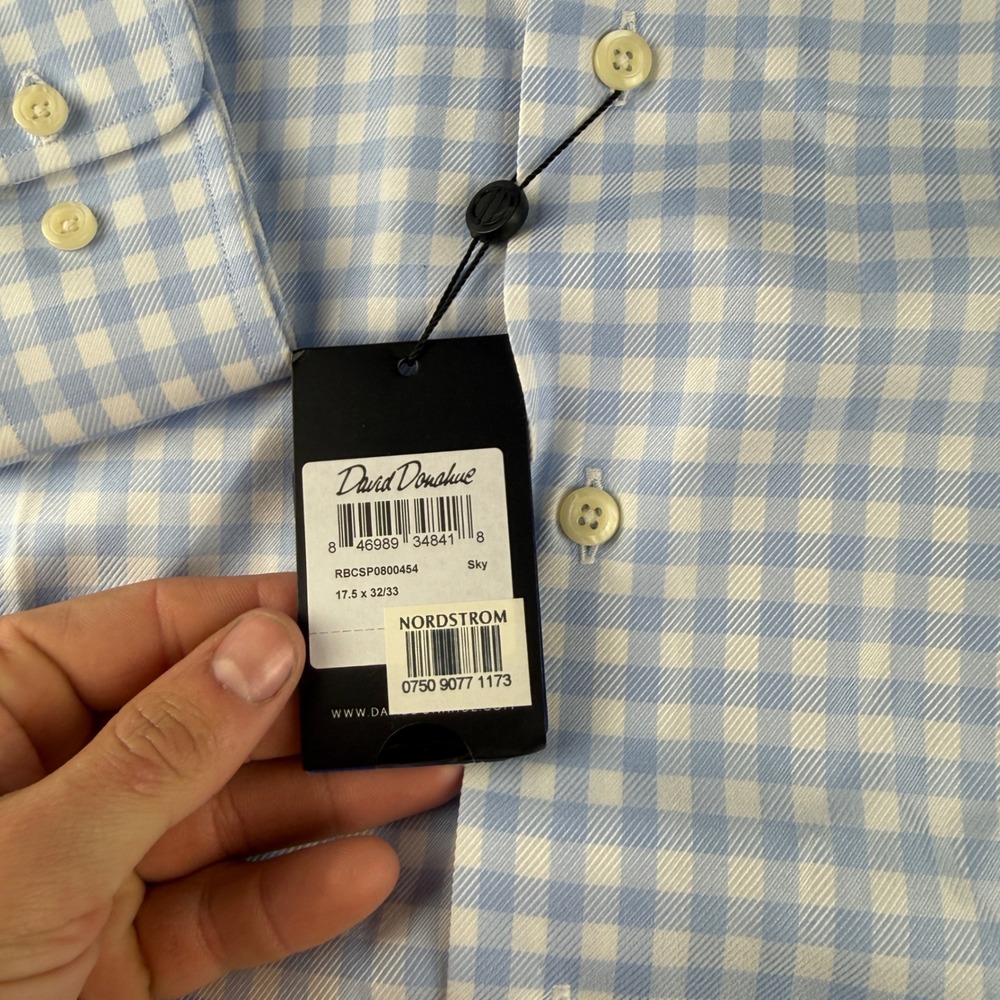 David Donahue Shirt Men's 17.5 32-33 Blue Gingham Check Plaid Dress Spread Sky - Picture 7 of 11